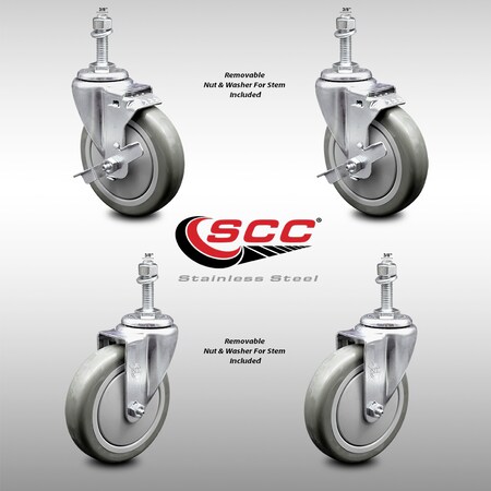 Service Caster 5 Inch SS Gray Polyurethane Swivel 3/8 Inch Threaded Stem Caster Brake SCC, 2PK SCC-SSTS20S514-PPUB-TLB-381615-2-S-2